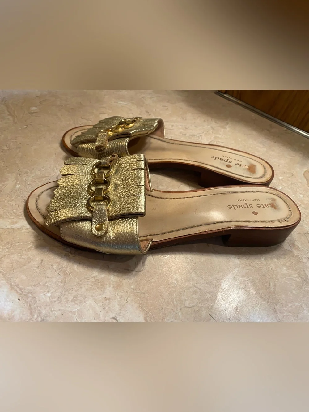 kate spade Gold Metallic Fringe Slide Mules